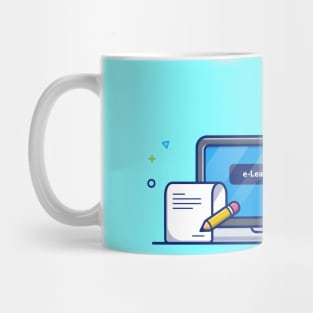 Laptop, Magnifying Glass, Paper And Pencil Cartoon Mug